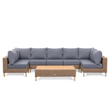St Lawrence Range Large Modular U-Shape Corner Sofa in Round Brown Rattan with Cushions and Teak Wood Table Top(#BG05)