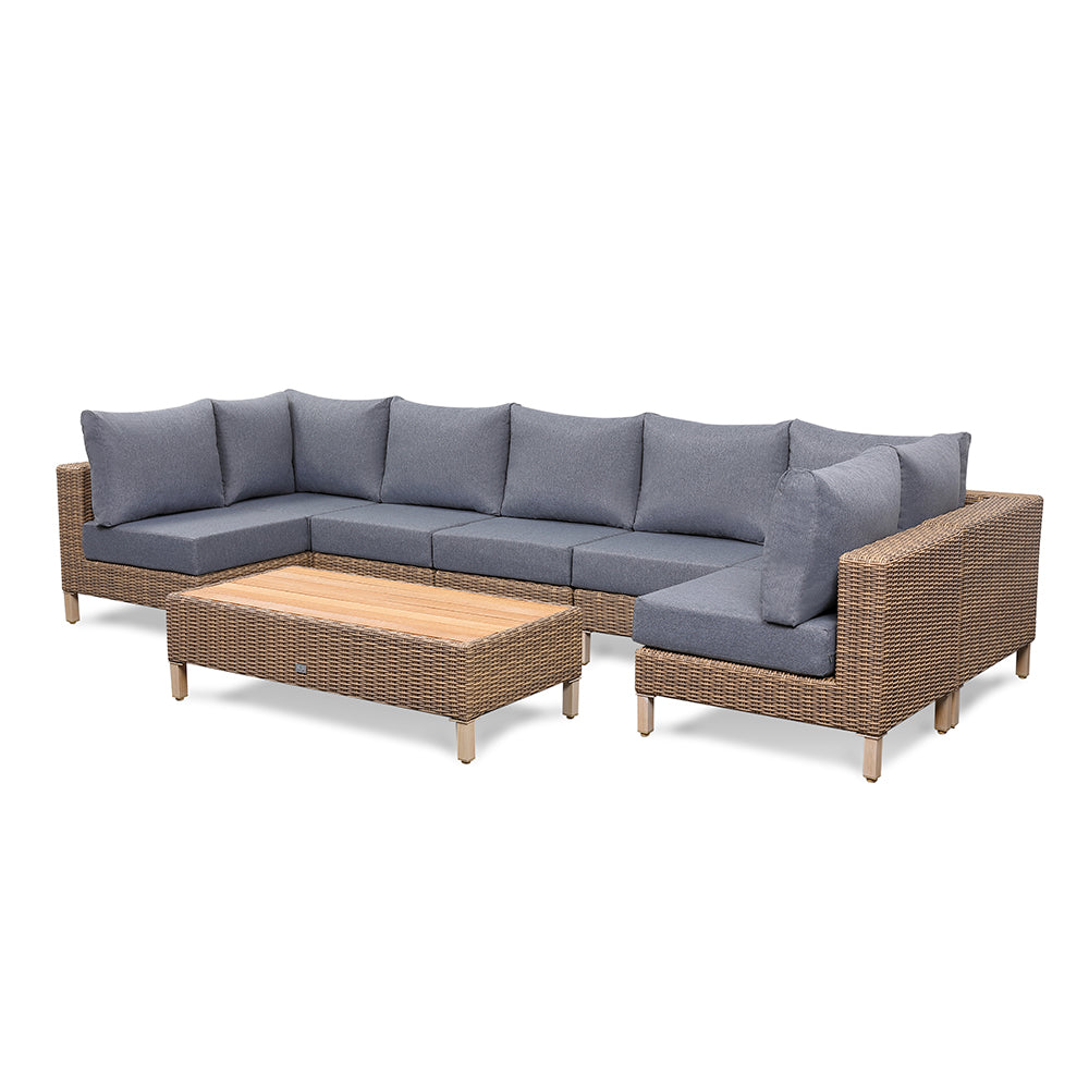 St Lawrence Range Large Modular U-Shape Corner Sofa in Round Brown Rattan with Cushions and Teak Wood Table Top(#BG05)