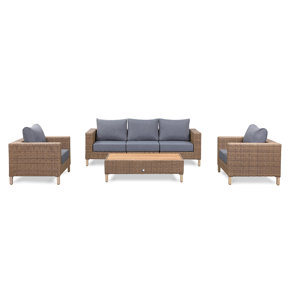 St Lawrence Range Large Modular Sofa Set in Round Brown Rattan with Cushions and Teak Wood Table Top(#BG04)