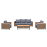 St Lawrence Range Large Modular Sofa Set in Round Brown Rattan with Cushions and Teak Wood Table Top(#BG04)