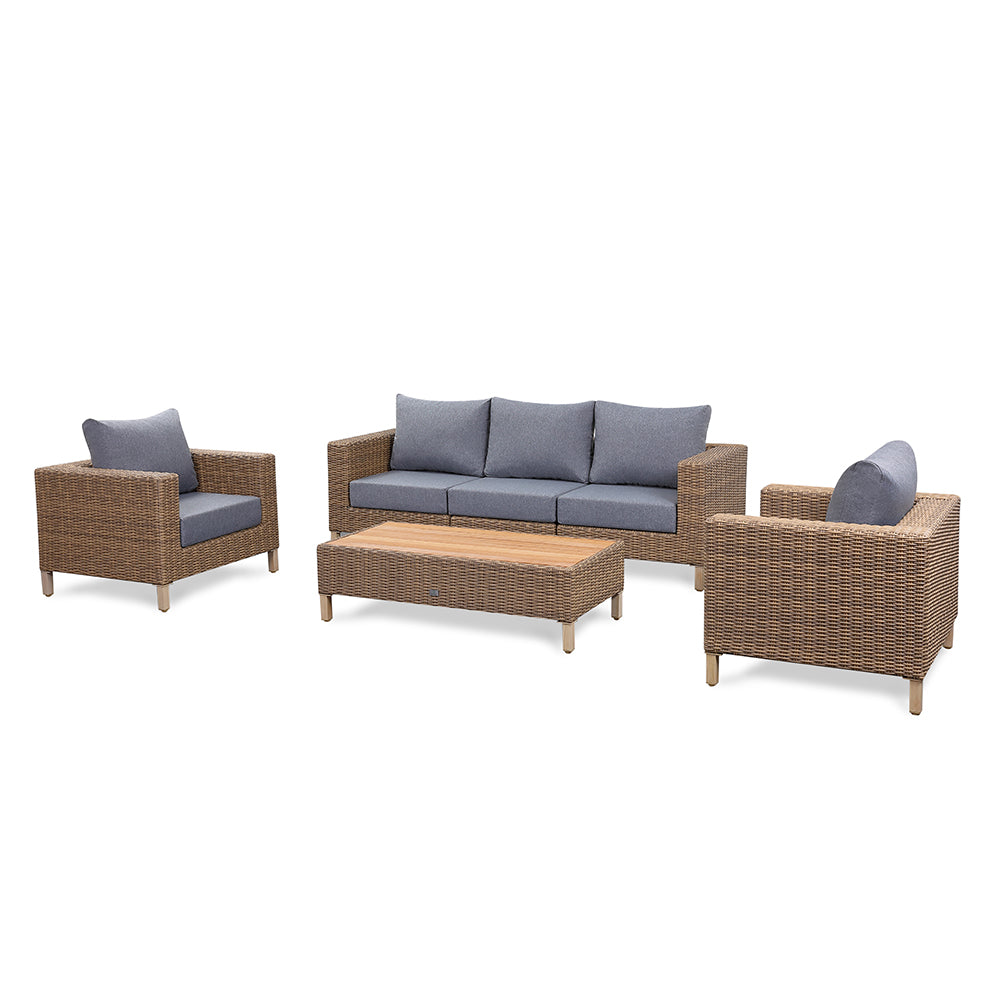 St Lawrence Range Large Modular Sofa Set in Round Brown Rattan with Cushions and Teak Wood Table Top(#BG04)