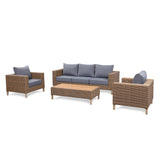 St Lawrence Range Large Modular Sofa Set in Round Brown Rattan with Cushions and Teak Wood Table Top(#BG04)