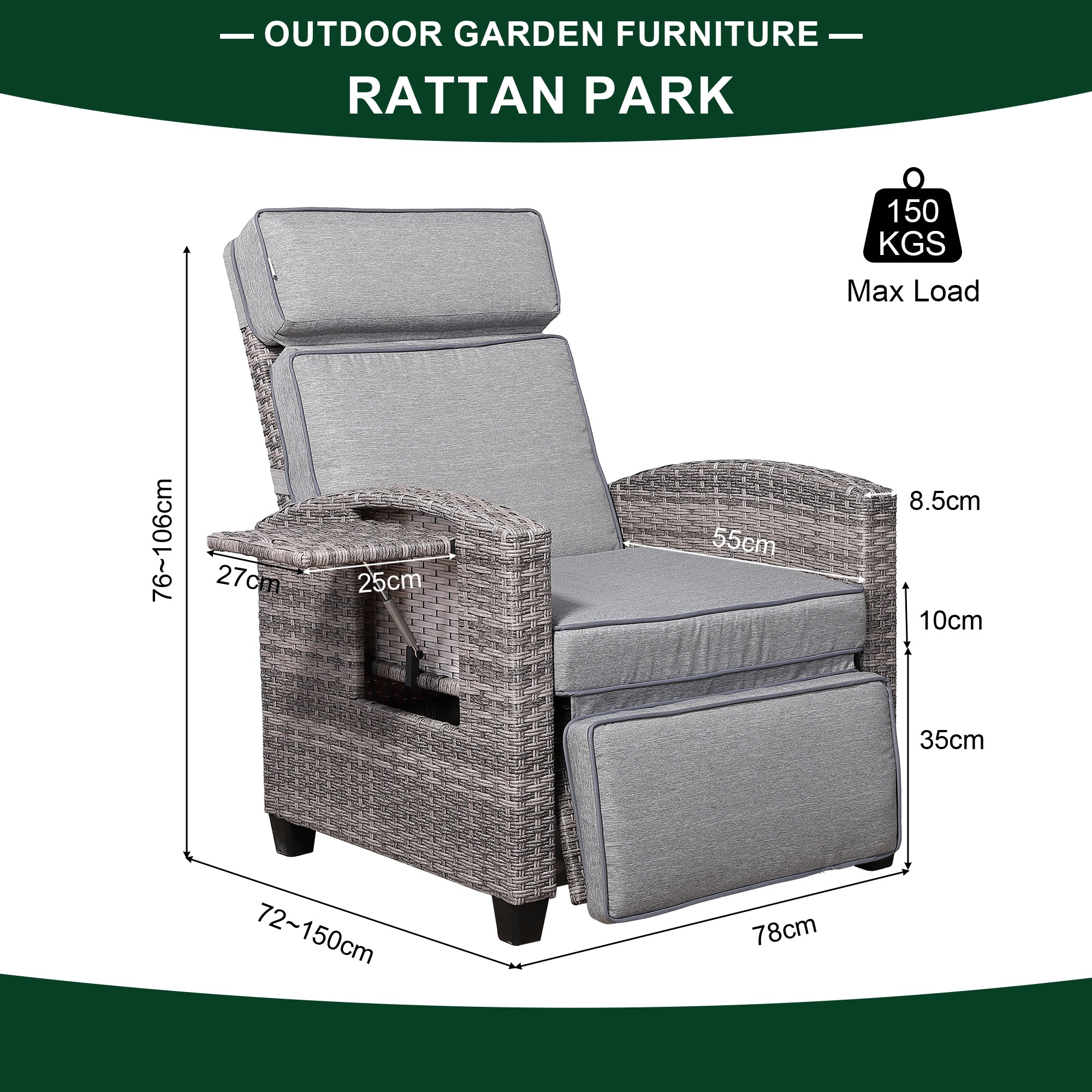 Rose Range Reclining Armchair with Flip Table in Grey Weave and Grey Cushion