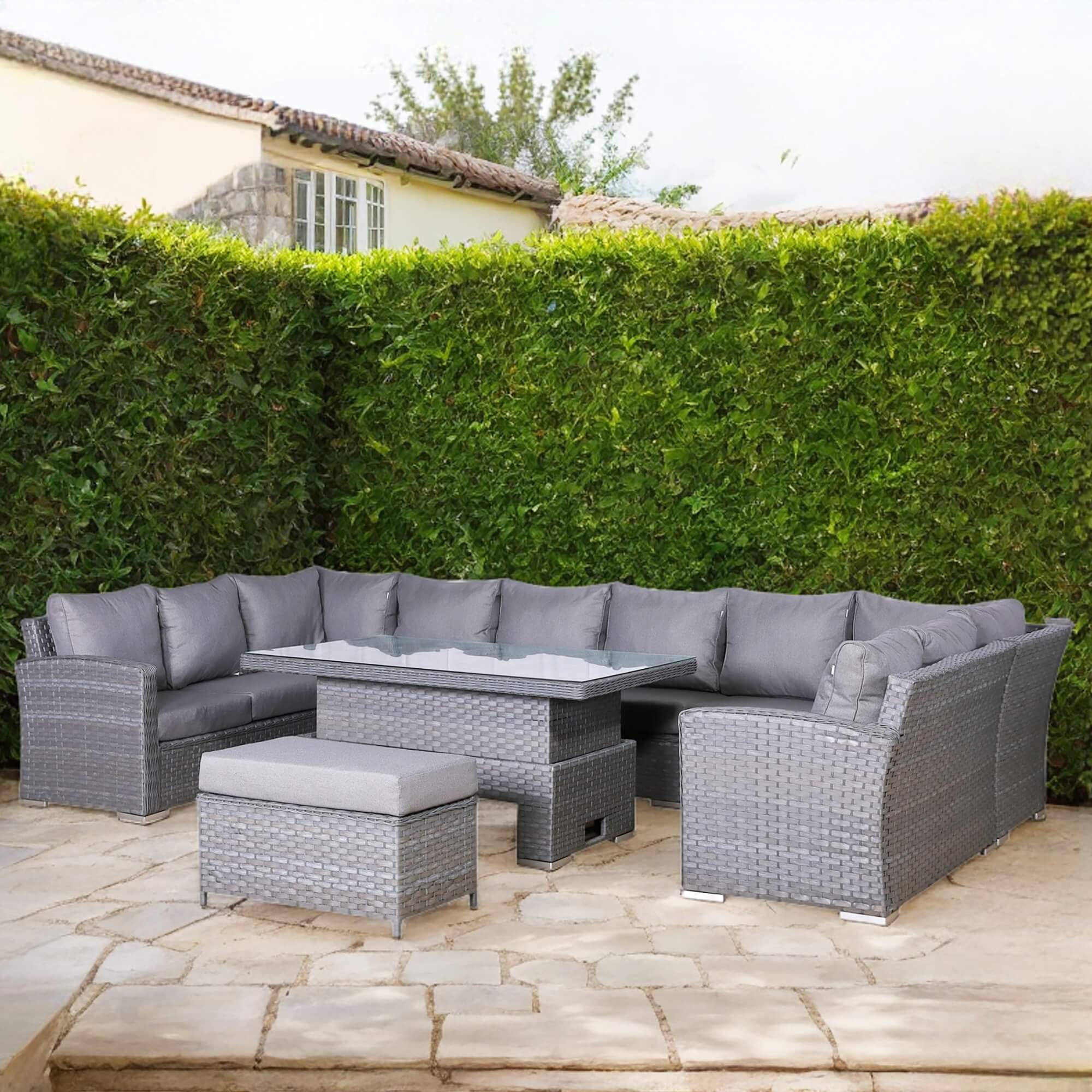 Victoria High Back Large U-Shape Corner Sofa Set with Rising Table in Slate Grey Weave(#531)