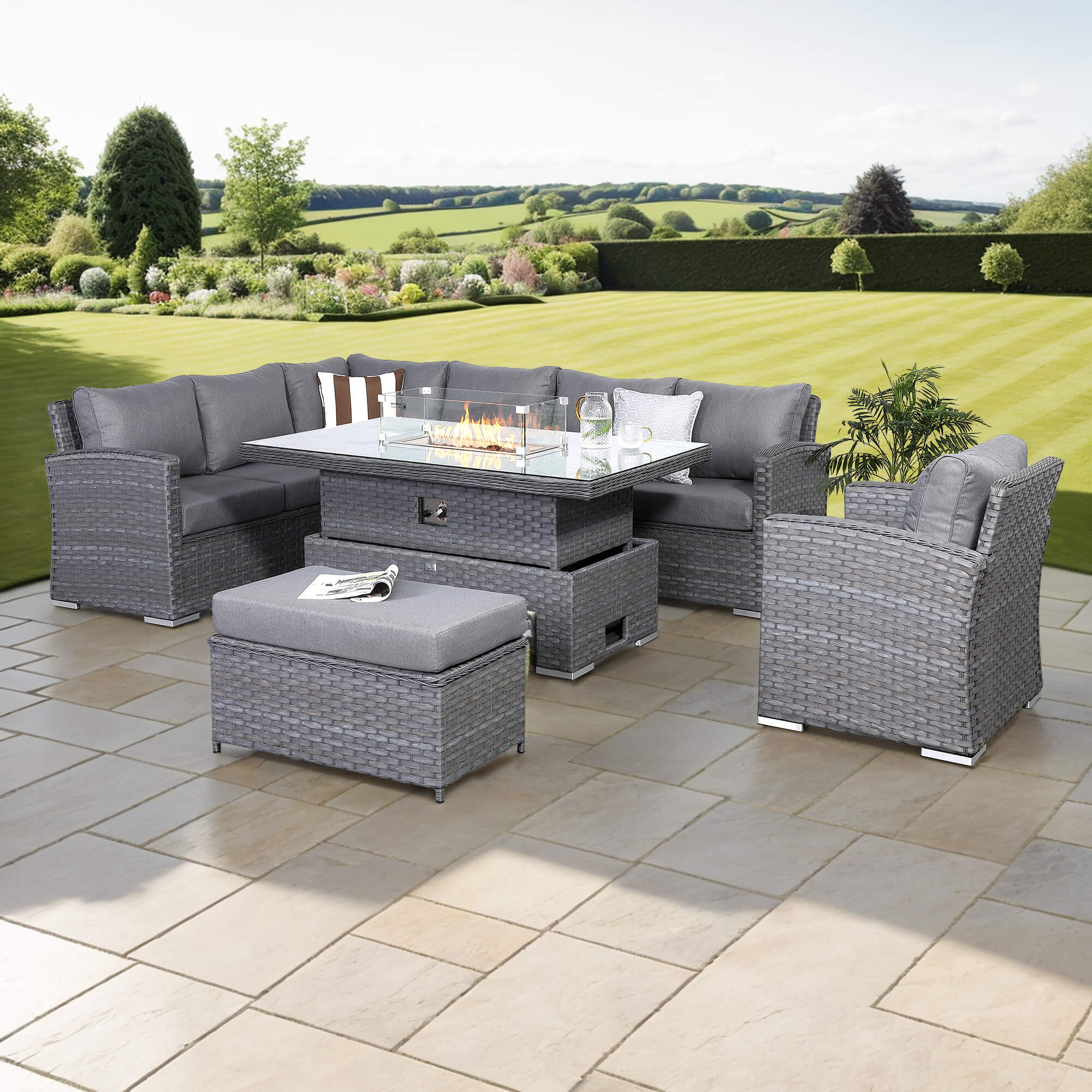 Victoria High Back Modular Corner Sofa Set & Arm Chair with Fire Pit Table in Slate Grey Weave(#529F))