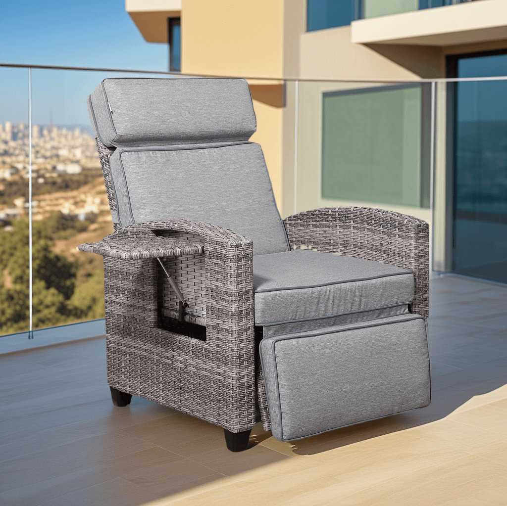 Rose Range Reclining Armchair with Flip Table in Grey Weave and Grey Cushion