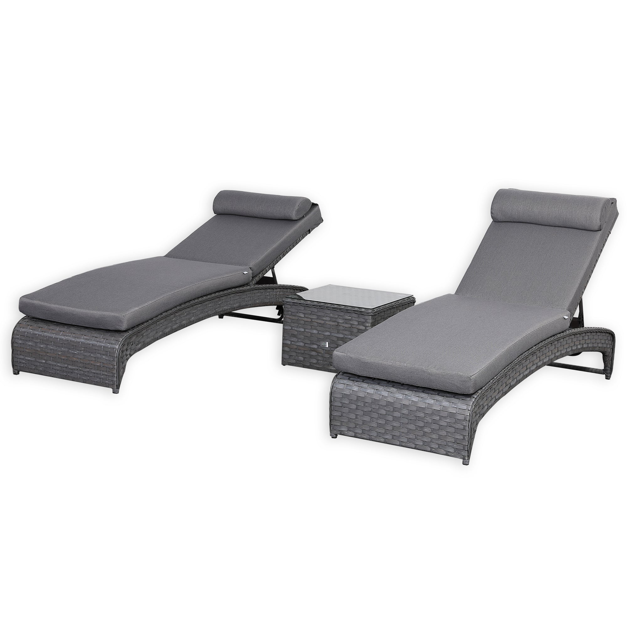 Victoria Range Pair of Sun loungers with Side Table, in Slate Grey Weave and Dark Grey Cushions(#516)