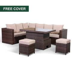 Rattan Park Range Left Hand Large Corner Set with Rising table and 2 Stools with Cushions