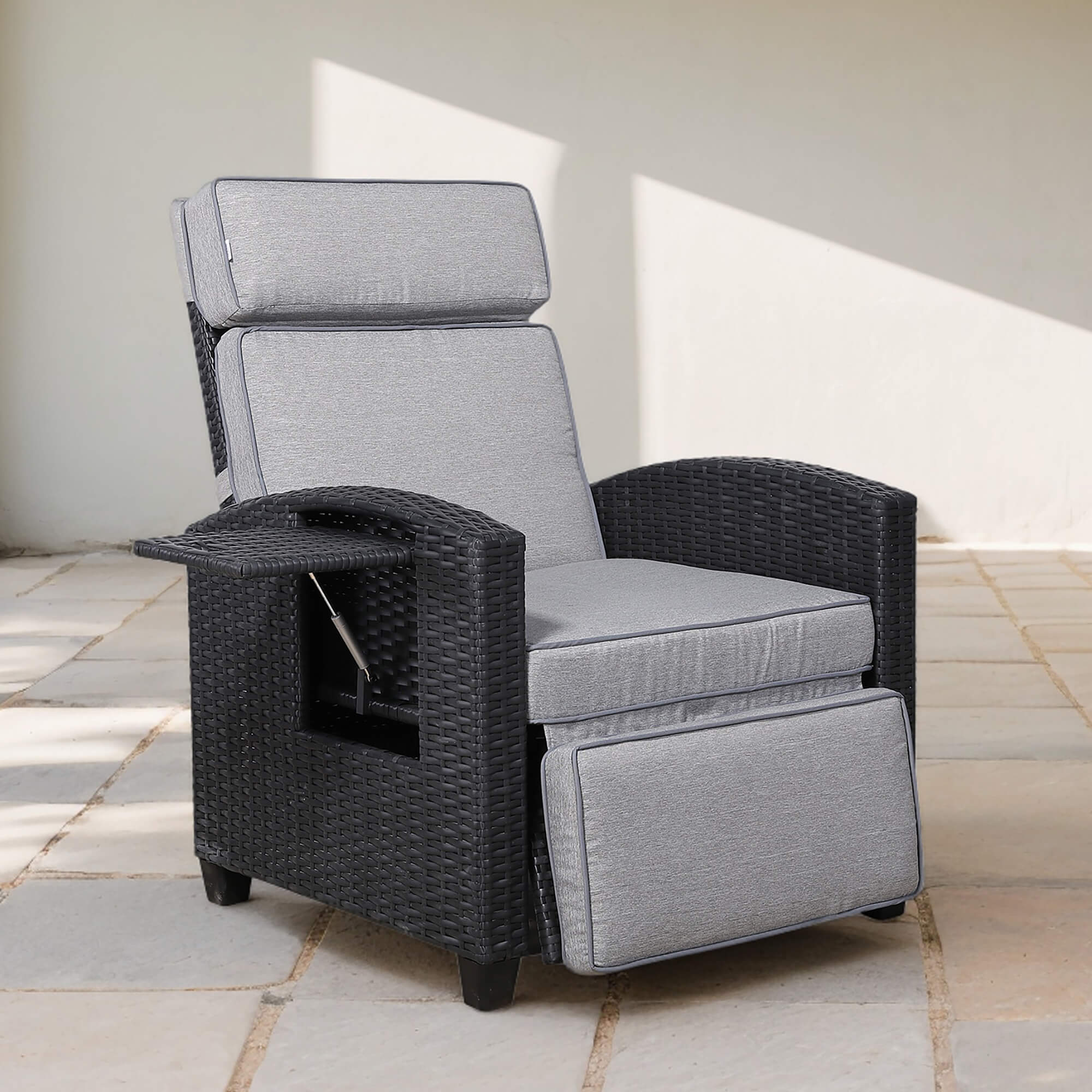 Durley Range Reclining Armchair with Flip Table in Dark Brown Weave and Grey Cushion