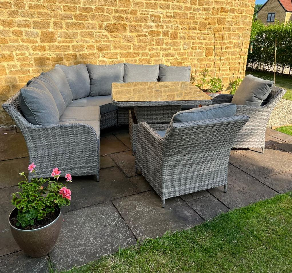 Sicily Aluminium High Back Round Corner Set with Rising Table and Two Chairs in Grey Weave(#911)