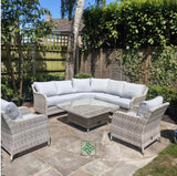 Sicily Aluminium High Back Round Corner Set with Rising Table and Two Chairs in Grey Weave(#911)