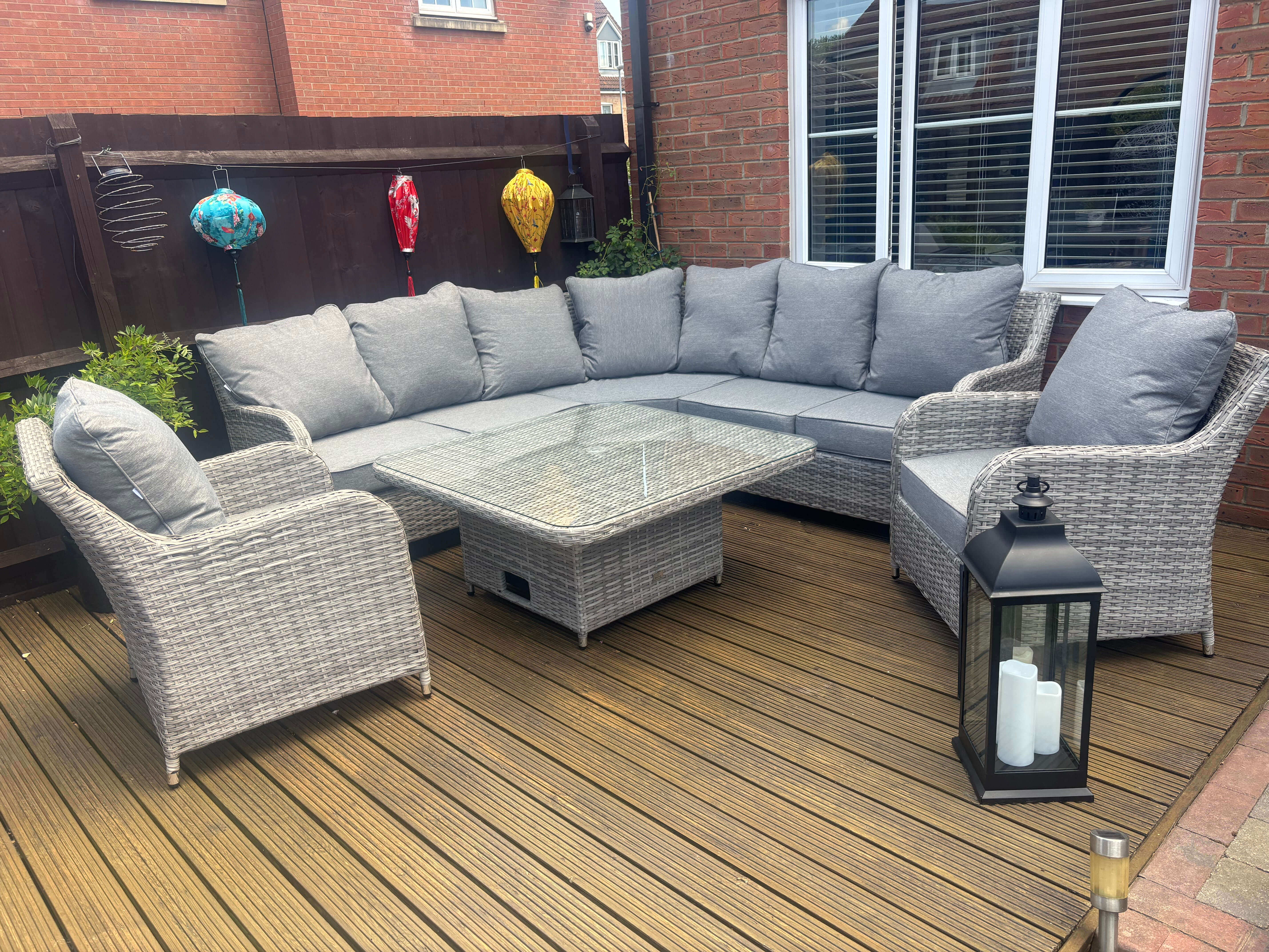 Sicily Aluminium High Back Round Corner Set with Rising Table and Two Chairs in Grey Weave(#911)
