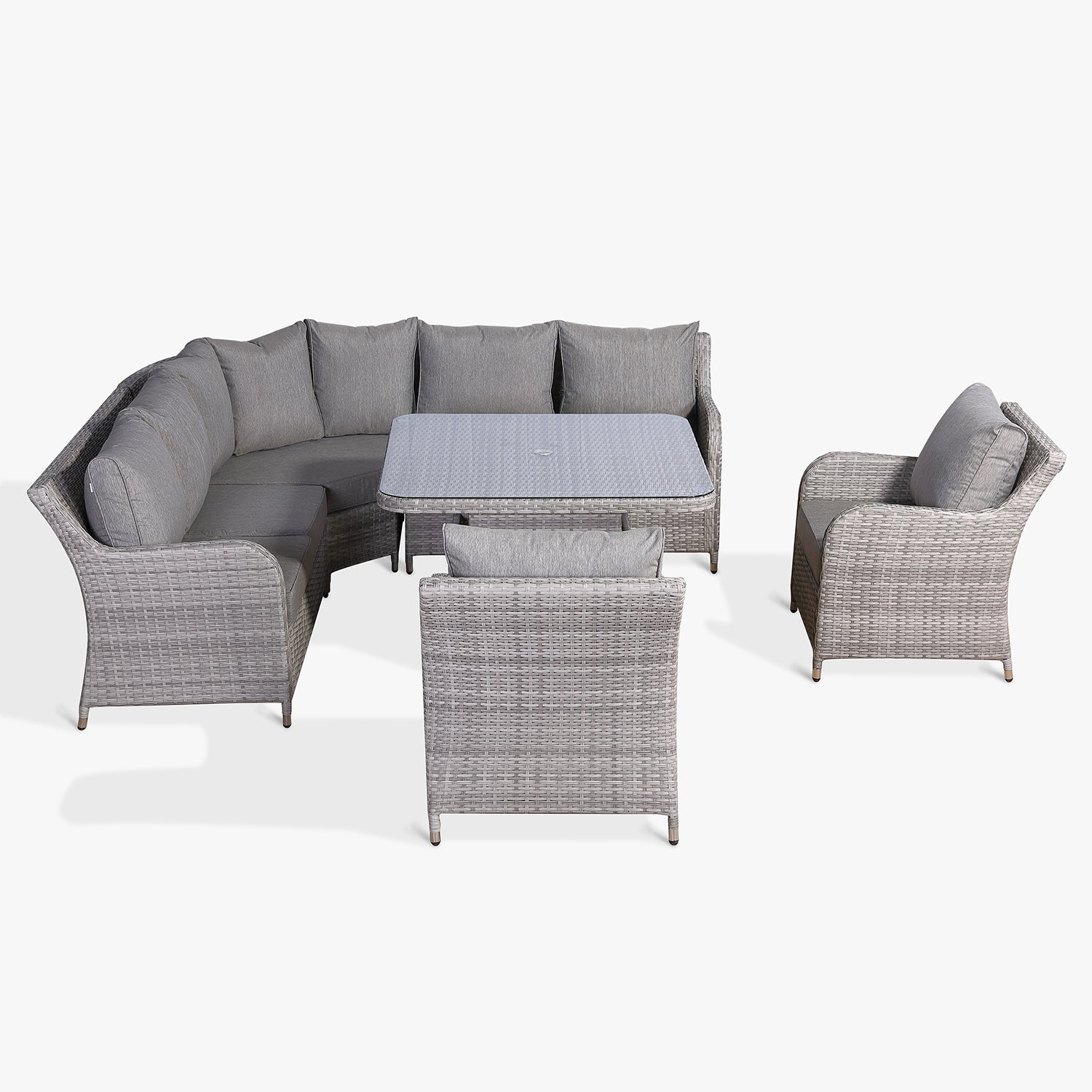 Sicily Aluminium High Back Round Corner Set with Rising Table and Two Chairs in Grey Weave(#911)