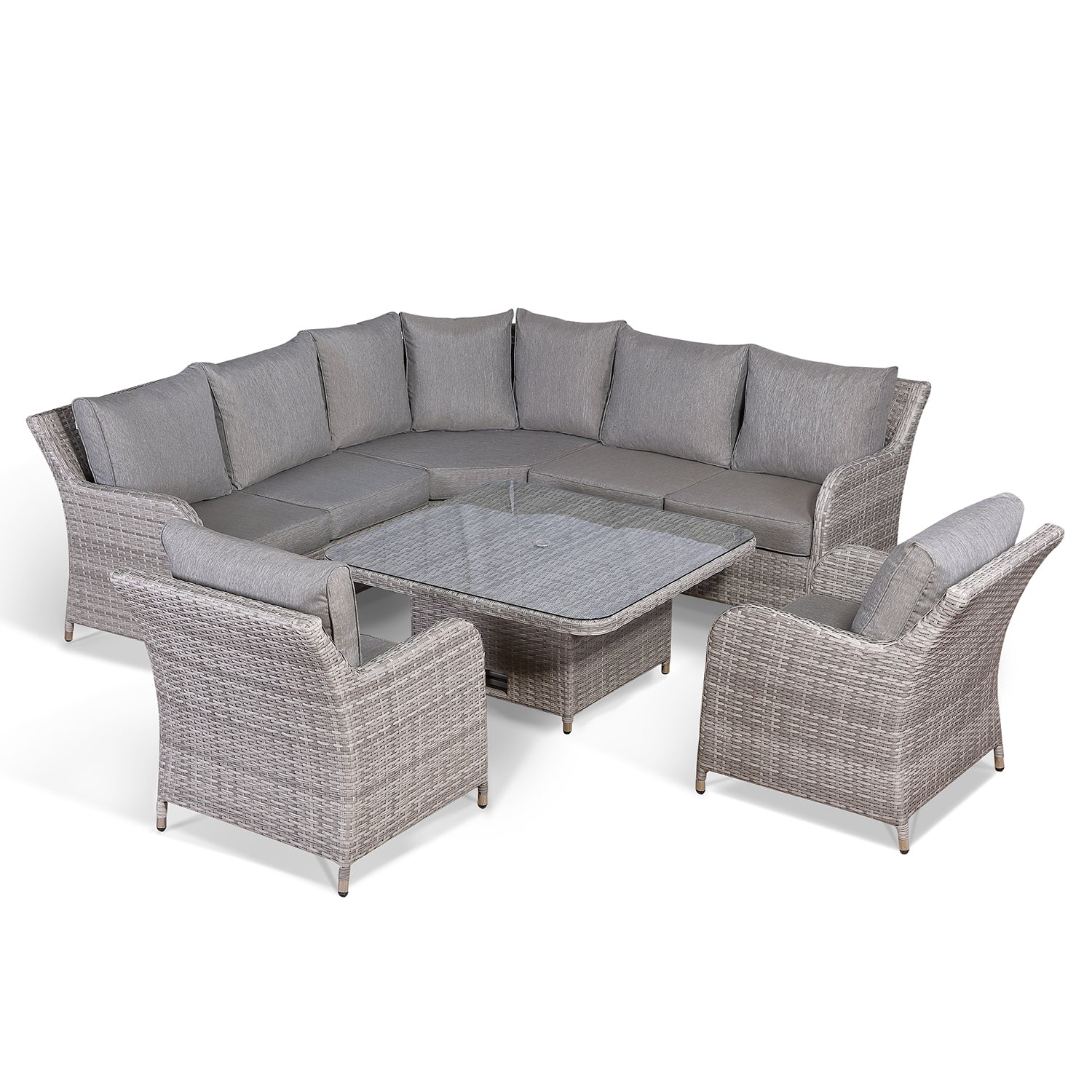 Sicily Aluminium High Back Round Corner Set with Rising Table and Two Chairs in Grey Weave(#911)
