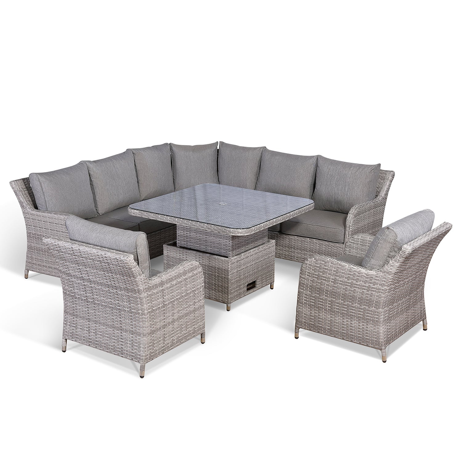 Sicily Aluminium High Back Round Corner Set with Rising Table and Two Chairs in Grey Weave(#911)