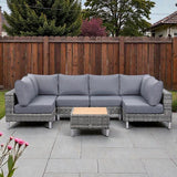 St Lawrence Range U-Shape modular Corner Sofa Set in Round Grey Rattan with Grey Cushions and Teak Wood Table Top(#GG17)