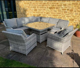 FB9011...Sicily Aluminium High Back Round Corner Set with Rising Table and Two Chairs in Grey Weave