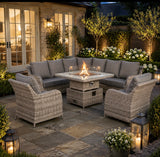 Sicily Aluminium High Back Round Corner Set with Rising Fire Pit Table and Two Chairs in Grey Weave(#911F)