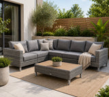 St Lawrence Range Large modular  Corner Sofa Set in Round Grey Rattan with Grey Cushions and Teak Wood Table Top(#GG18)