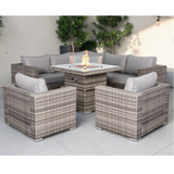 Cambridge Square Corner Sofa Set with Fire Pit Table & 2 Arm Chairs in Stone Browne Grey weave（#411F+4AC+4AC)