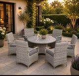 Sicily Range Round Dining Table with 6 Chairs in Light Grey Weave(#908)Pre-order dispatch 7-10 days