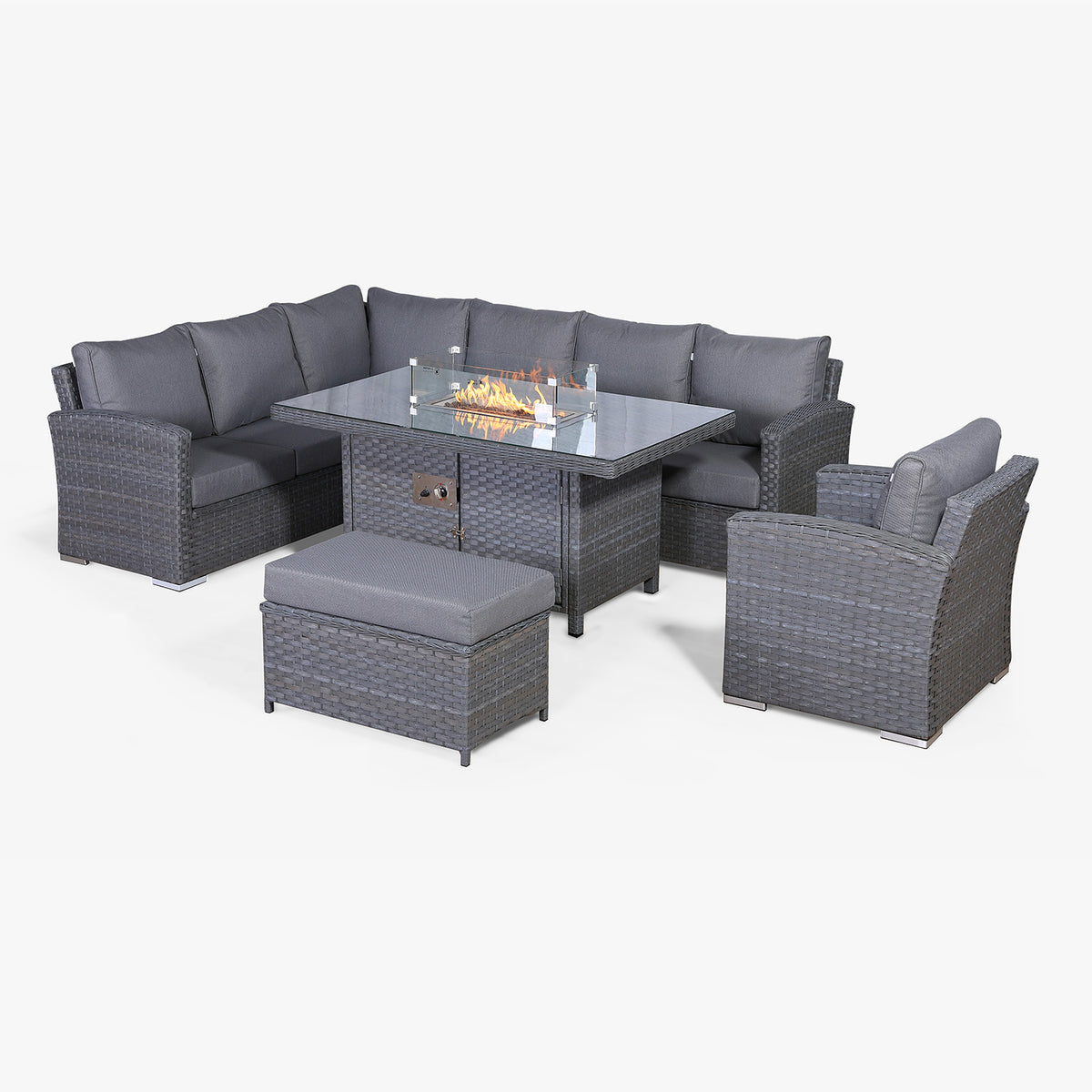 Rattan Park Victoria High Back Left Hand Corner Sofa Set with Arm Chair & Fire Pit Table in Slate Grey Weave