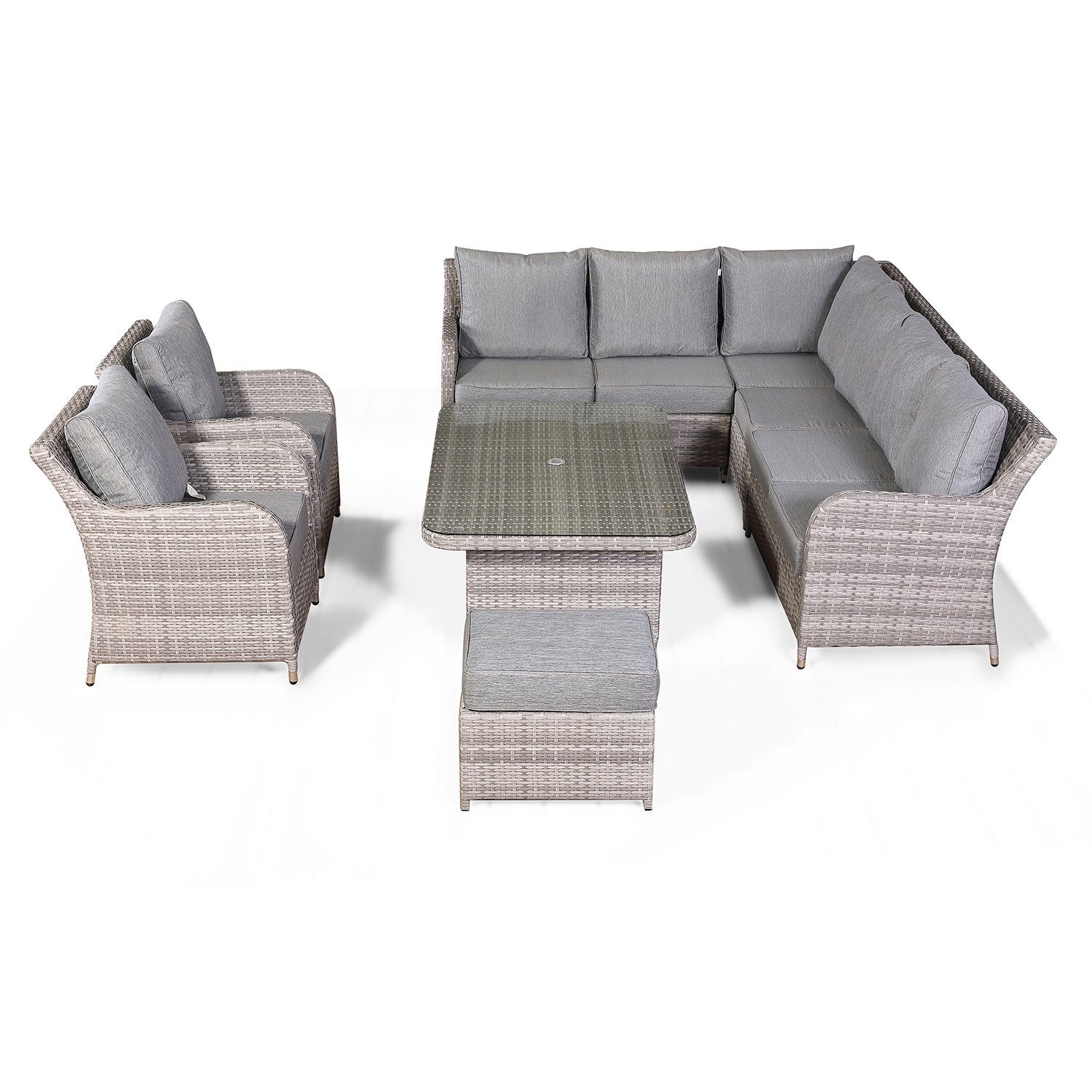 Rattan Park Sicily Aluminium Elite Left Hand Corner Set with Rising Table and Two Chairs in Grey Weave