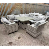 FB703 | Sicily Aluminium High Back Round Corner Set with Rising Table and Two Chairs in Grey Weave