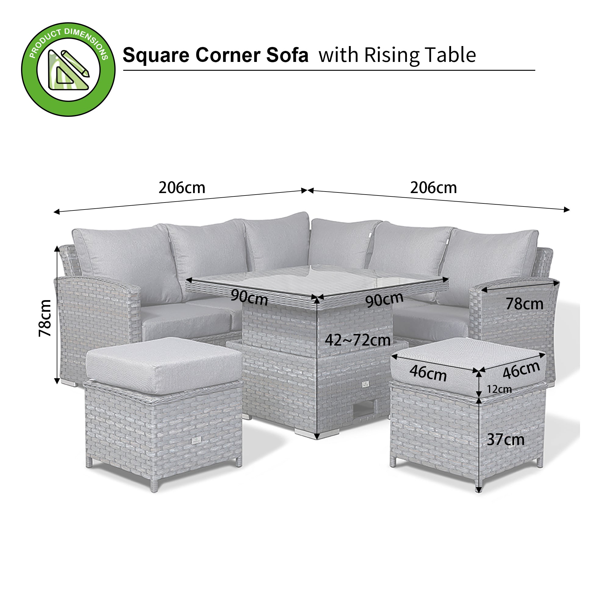 Rattan park Victoria High Back MODUAR Square Corner Sofa Set with Rising Table in Slate Grey Weave
