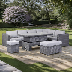 Rattan park Catalina Aluminium Range Modular Corner Sofa Set with Rising Table in Slate Grey Weave With Free Round White Fire Pit