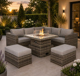 Cambridge Square Corner Sofa Set with Fire Pit Table in Stone Browne Grey weave（#411F)