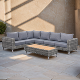 Lawrence Range Large Corner Sofa Set in Round Grey Rattan with Cushions and Teak Wood Table Top