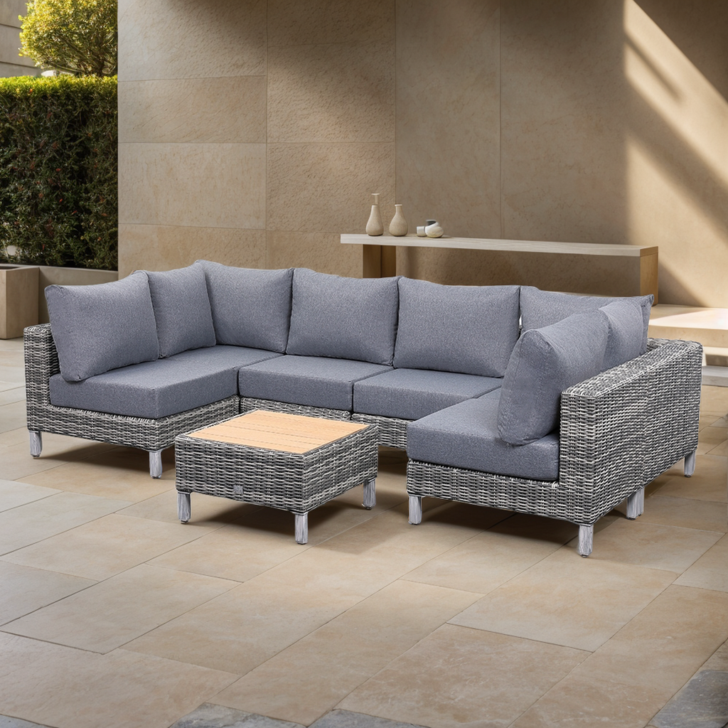 Lawrence Range U-Shape Corner Sofa Set in Round Grey Rattan with Cushi ...