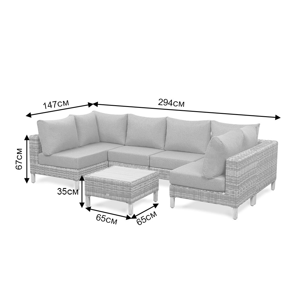 Lawrence Range U-Shape Corner Sofa Set in Round Grey Rattan with Cushions and Teak Wood Table Top
