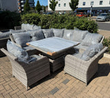 FB674...Sicily Aluminium High Back Round Corner Set with Rising Table and Two Chairs in Grey Weave