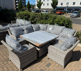 FB674...Sicily Aluminium High Back Round Corner Set with Rising Table and Two Chairs in Grey Weave