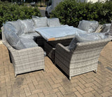 FB674...Sicily Aluminium High Back Round Corner Set with Rising Table and Two Chairs in Grey Weave