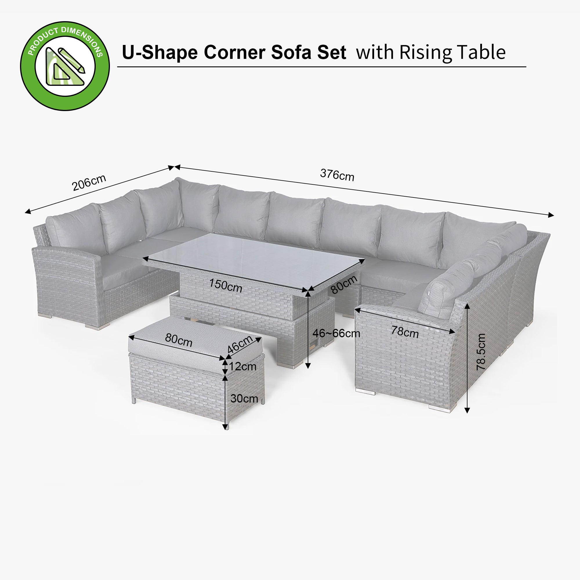 Victoria High Back Large U-Shape Corner Sofa Set with Rising Table in Slate Grey Weave
