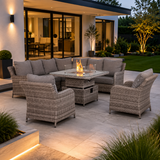 Sicily Aluminium High Back Round Corner Set with Rising Fire Pit Table and Two Chairs in Grey Weave(#911F)