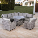 Rattan Park Malta Aluminium Round Corner Set with Rising Table and Two Chairs in Grey Weave