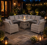 Sicily Aluminium High Back Round Corner Set with Rising Fire Pit Table and Two Chairs in Grey Weave(#911F)