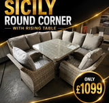 FB684 | Sicily Aluminium High Back Round Corner Set with Rising Table and Two Chairs in Grey Weave