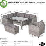 Rattan Republic High Back Elite Corner Sofa Set with DiningTable and Arm Chair, 10-seater Large Rattan Garden Corner Sofa Set (Grey, LHF + Dining table)