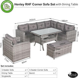 Rattan Republic High Back Elite Corner Sofa Set with Dining Table and Arm Chair, 10-seater Large Rattan Garden Corner Sofa Set (Grey, RHF + Dining table)