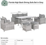 Rattan Republic Florida Range 7-Seater High Back Rattan Garden Dining Set – 3-Seater Sofa, 2 Armchairs, 2 Footstools & Rectangular Dining Table – All-Weather Grey Wicker