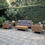 St Lawrence Range Large Modular Sofa Set in Round Brown Rattan with Cushions and Teak Wood Table Top(#BG04)