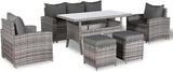 Rattan Republic Florida Range 7-Seater High Back Rattan Garden Dining Set – 3-Seater Sofa, 2 Armchairs, 2 Footstools & Rectangular Dining Table – All-Weather Grey Wicker