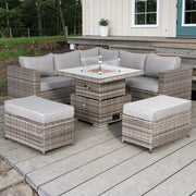 Cambridge Square Corner Sofa Set with Fire Pit Table in Stone Browne Grey weave（#411F)