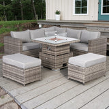 Outdoor patio furniture set with fire pit table on a wooden deck.