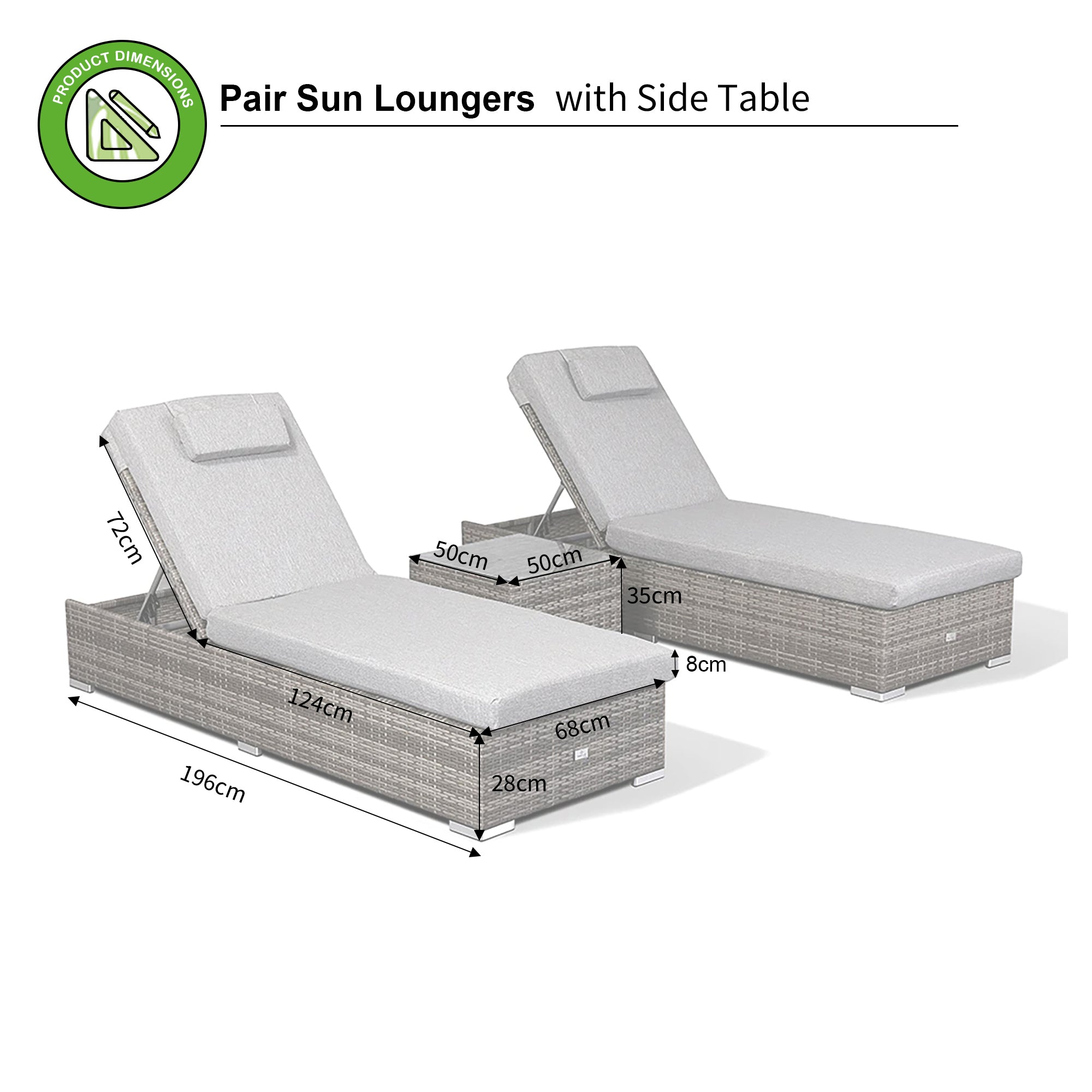 Cambridge Pair Sun Loungers with Side Table in Stone Browne Grey Weave (CR17)